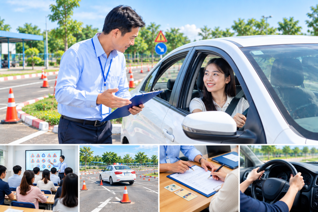 Đào tạo lái xe Châu Thành với học viên thực hành ô tô cùng giáo viên hướng dẫn.